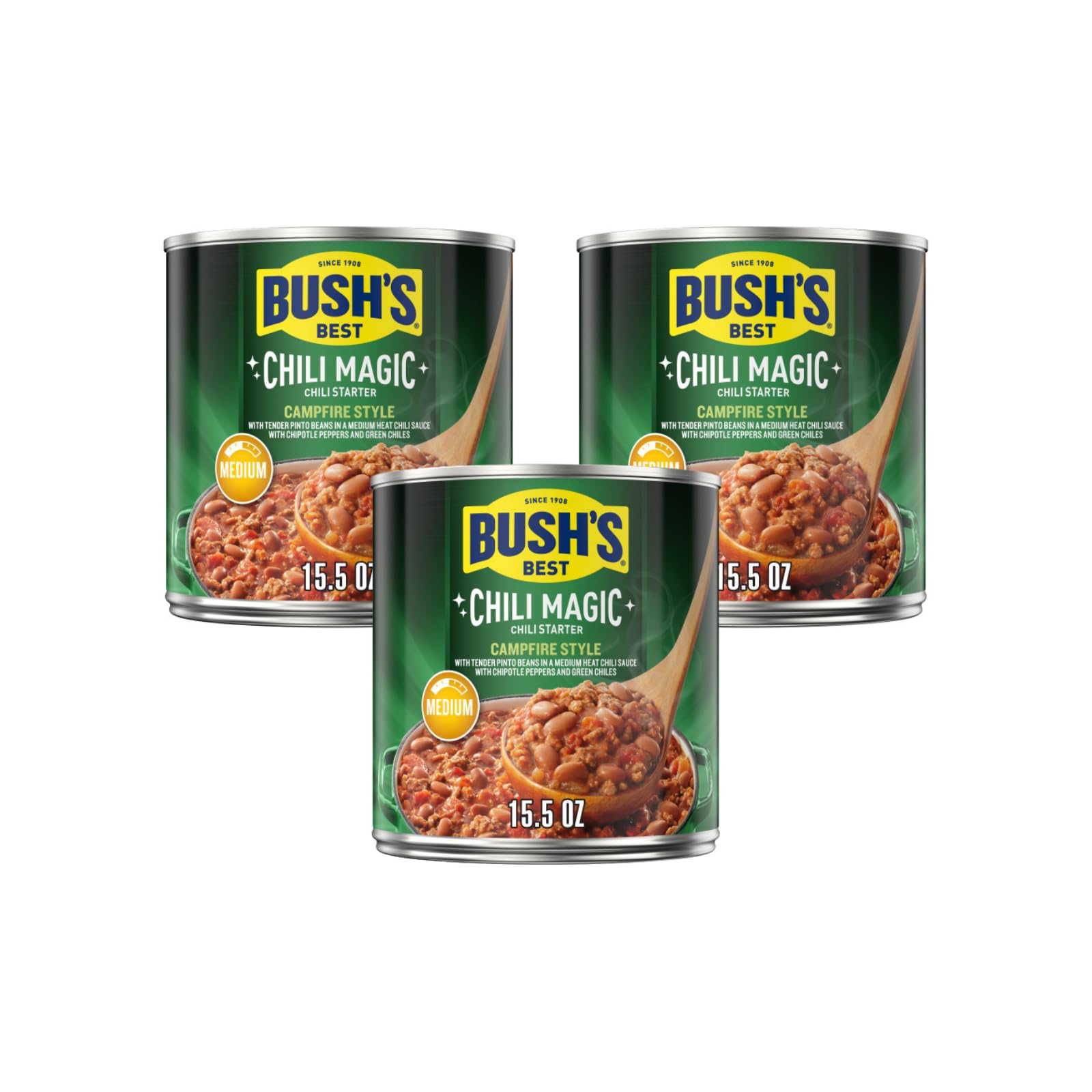 Bush's Best Campfire Style Chili Magic starter cans in a 3-pack for quick weeknight meals.