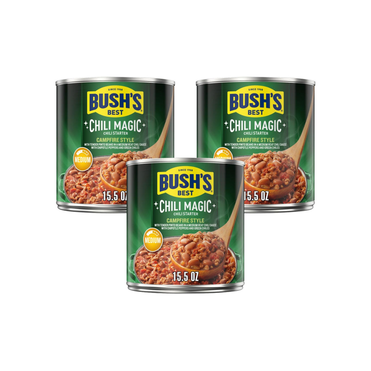 Bush's Best Campfire Style Chili Magic starter cans in a 3-pack for quick weeknight meals.