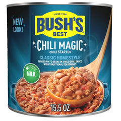 Bush's Best Chili Magic traditional mild bottle offers convenient starter flavor for weeknight chili.