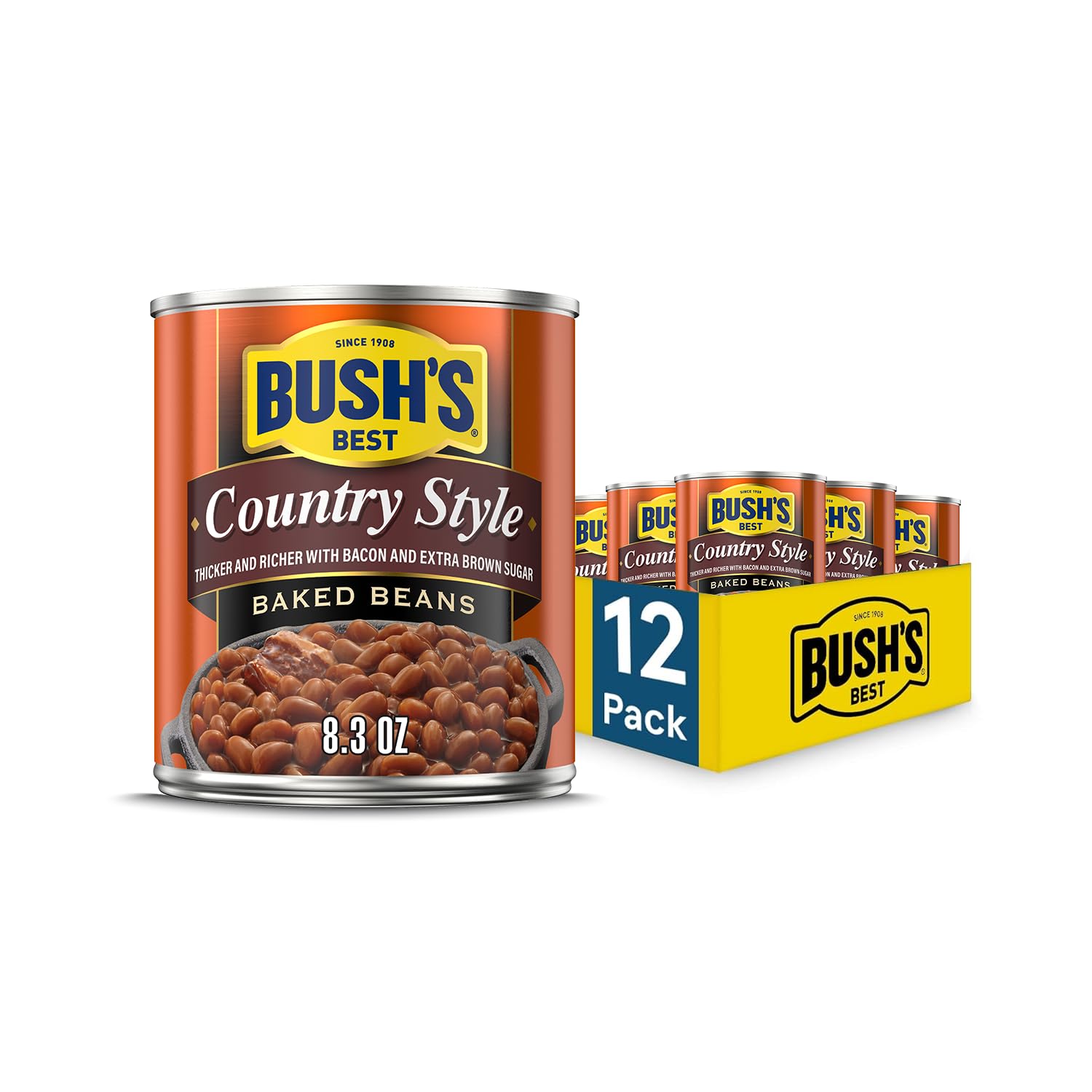 Bush's Best Country Style Baked Beans in 12-pack with bacon and brown sugar, ideal for grilling