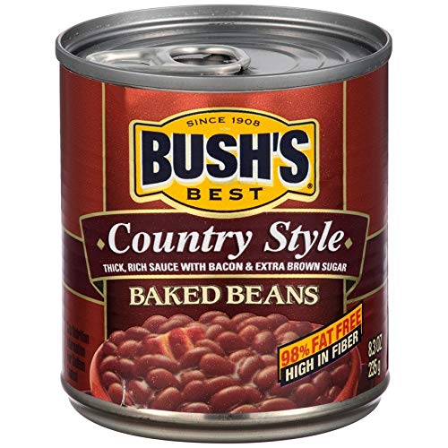 Bush's Best Country Style Baked Beans can, with hearty side for barbecues