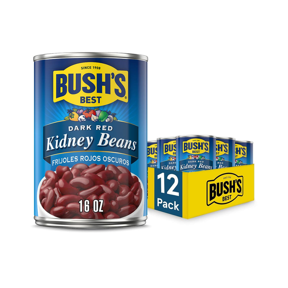 BUSH'S BEST Dark Red Kidney Beans can front close-up, convenient protein source.