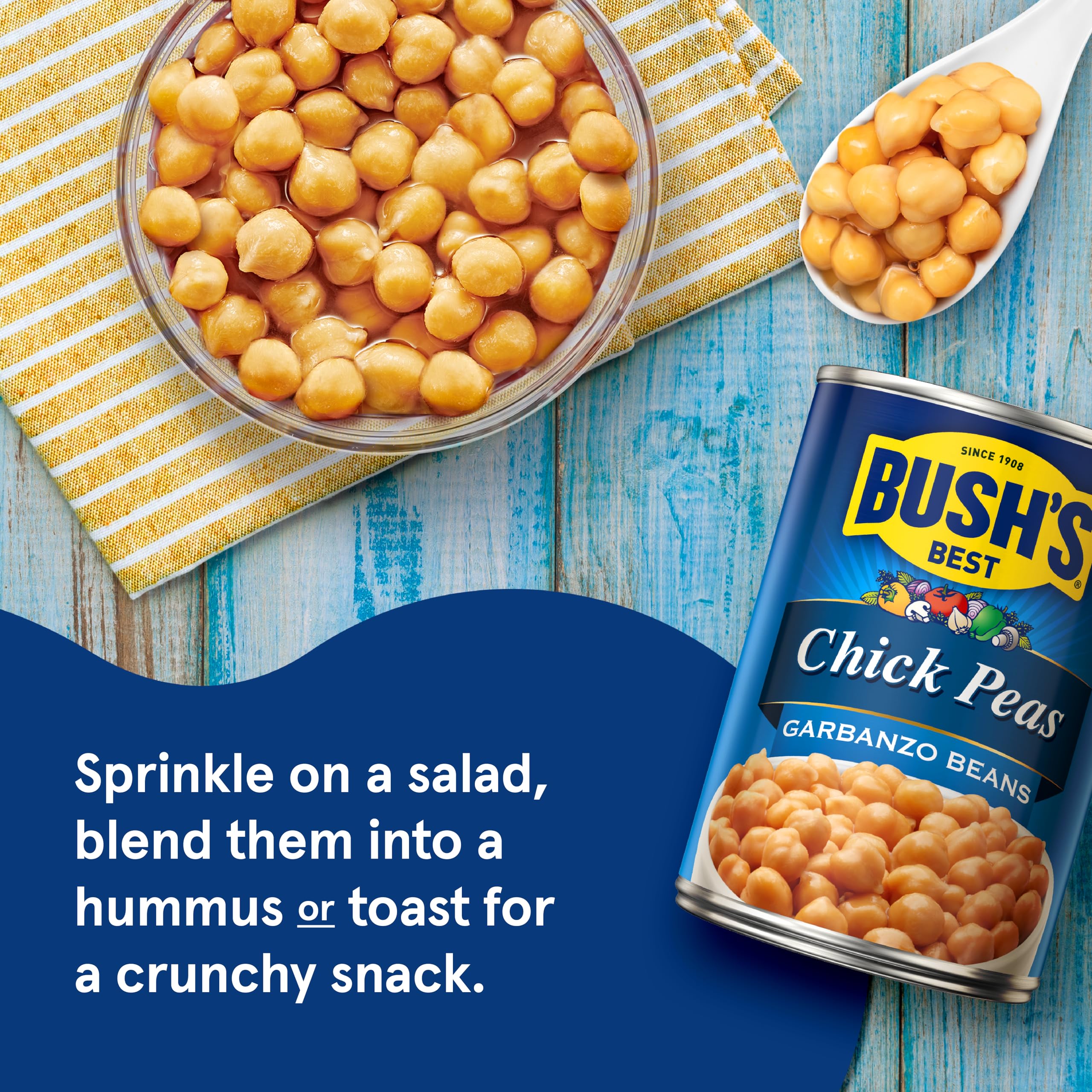 Bush's Best garbanzo beans hummus bowl emphasizes creamy dip potential.