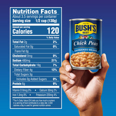 Bush's Best garbanzo beans label close-up highlighting protein and fiber.