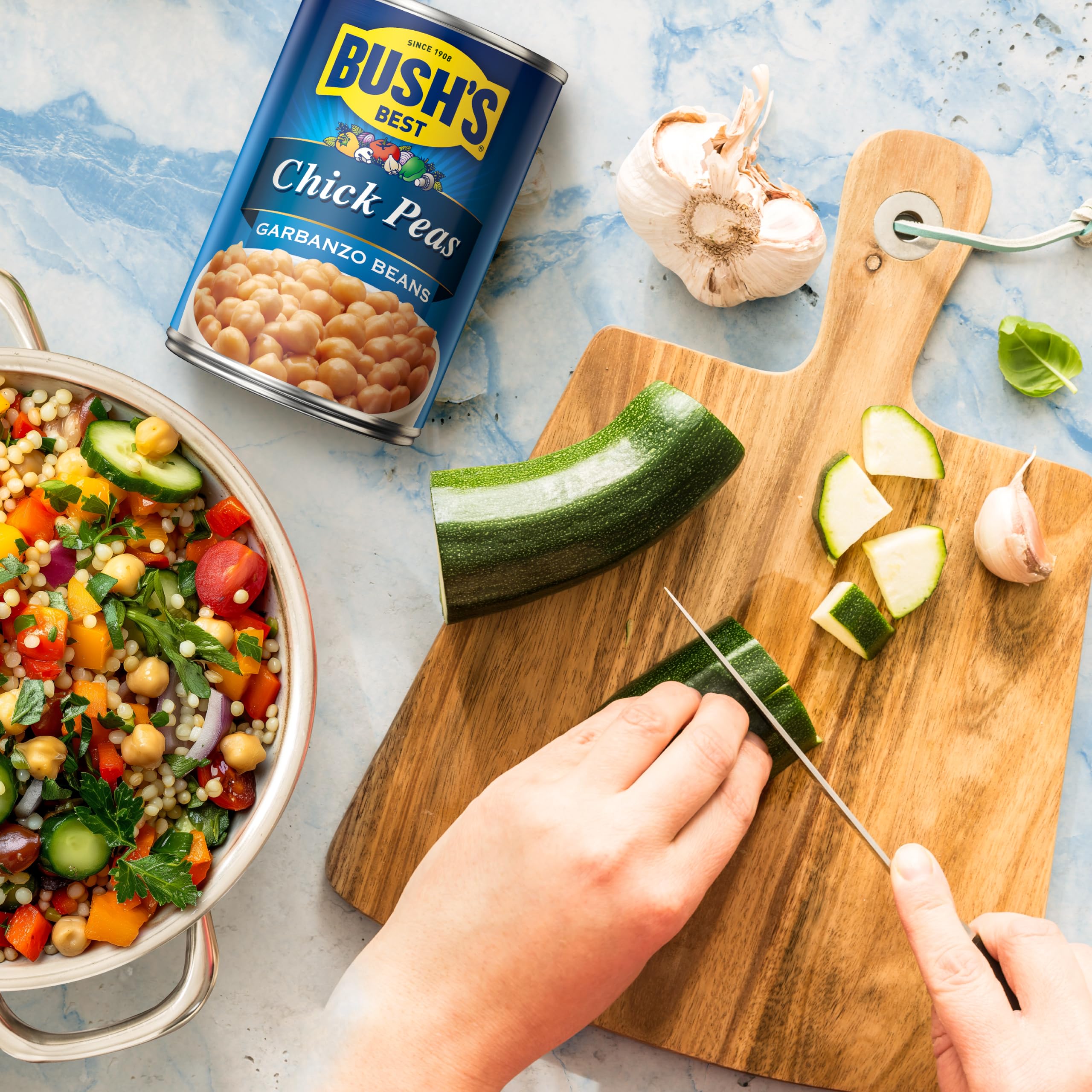 Bush's Best garbanzo beans pantry-pack signals convenient gluten-free protein.