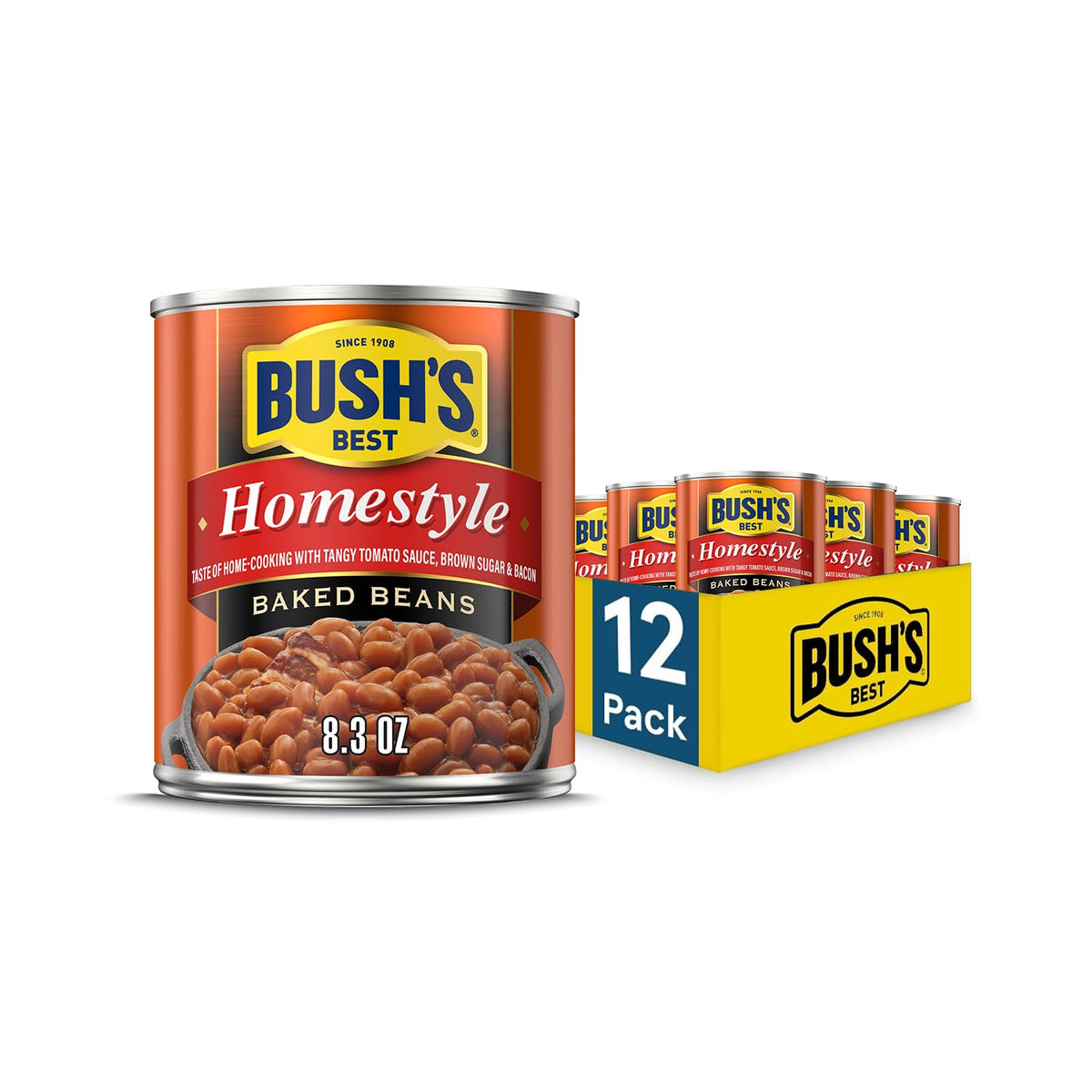 Bush's Best Homestyle Baked Beans can, ready to heat, for quick family meals.