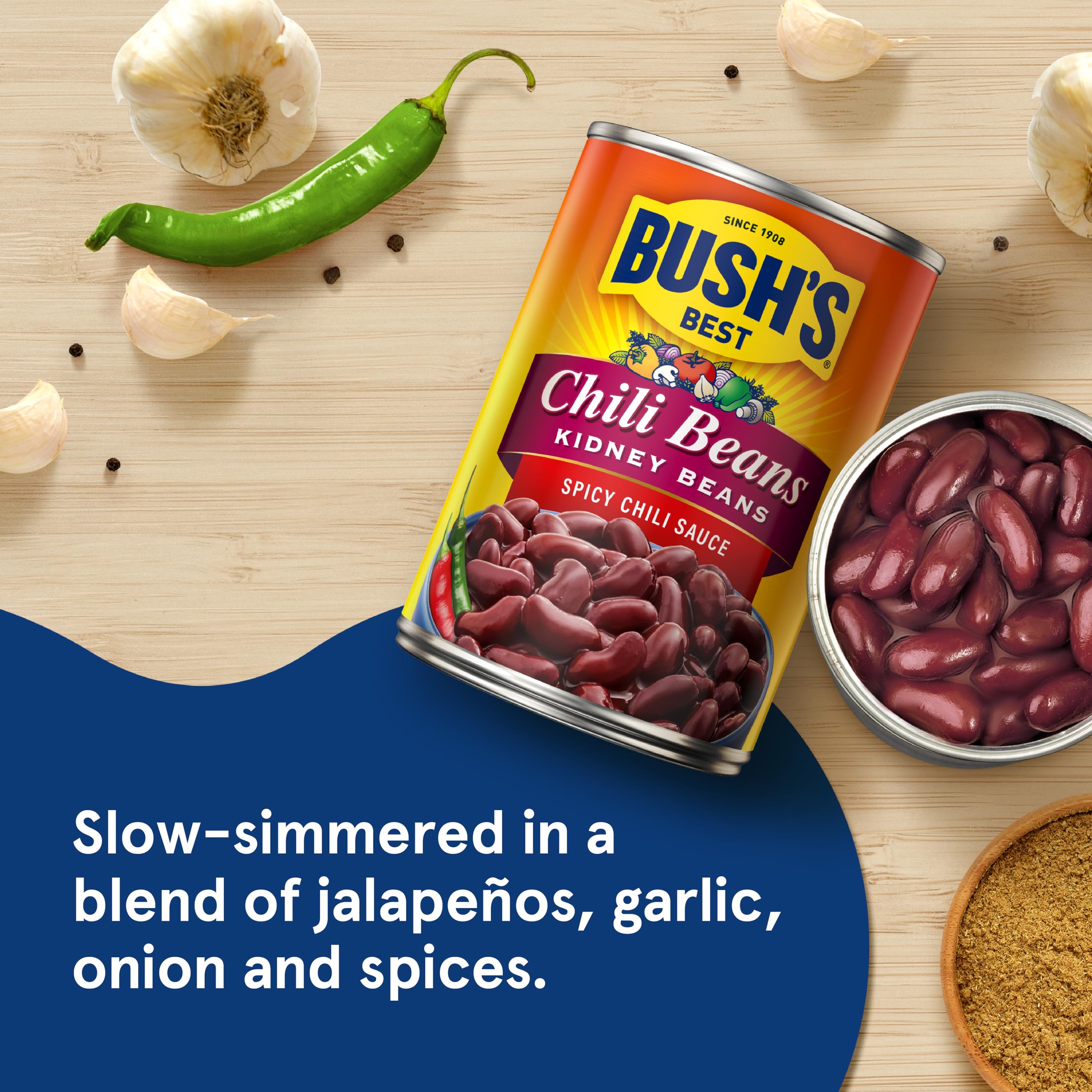 Close-up of Bush's Best kidney beans in sauce highlighting rich texture.