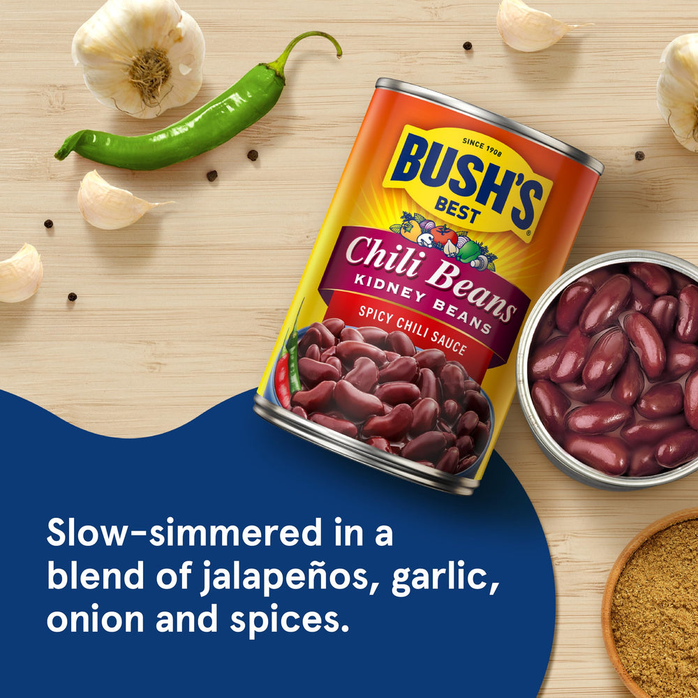 Close-up of Bush's Best kidney beans in sauce highlighting rich texture.