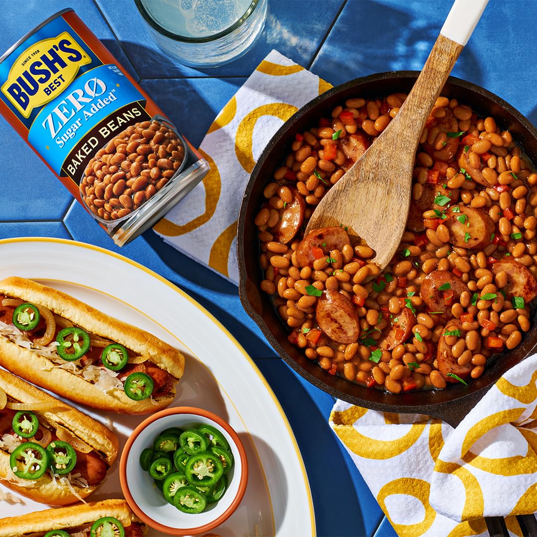 Bush's Best low-fat baked beans label close-up indicating a lighter option.