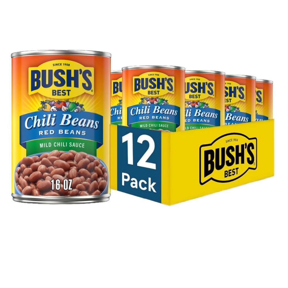 Bush's Best Mild Red Chili Beans can front, rich in plant-based protein