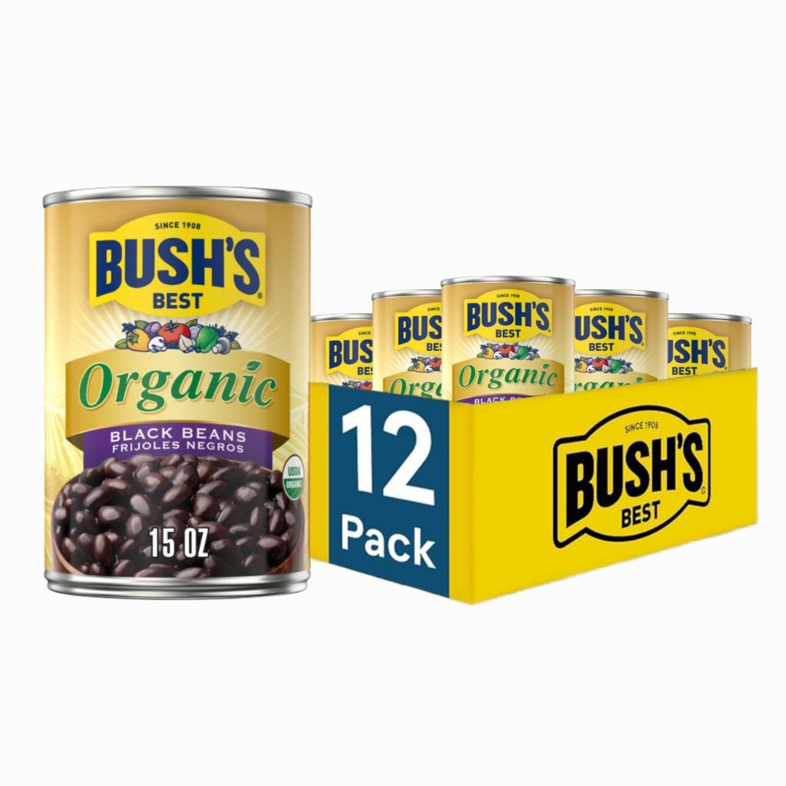 Bush's Best Organic Black Beans 15 oz can in a 12-pack, versatile pantry staple.