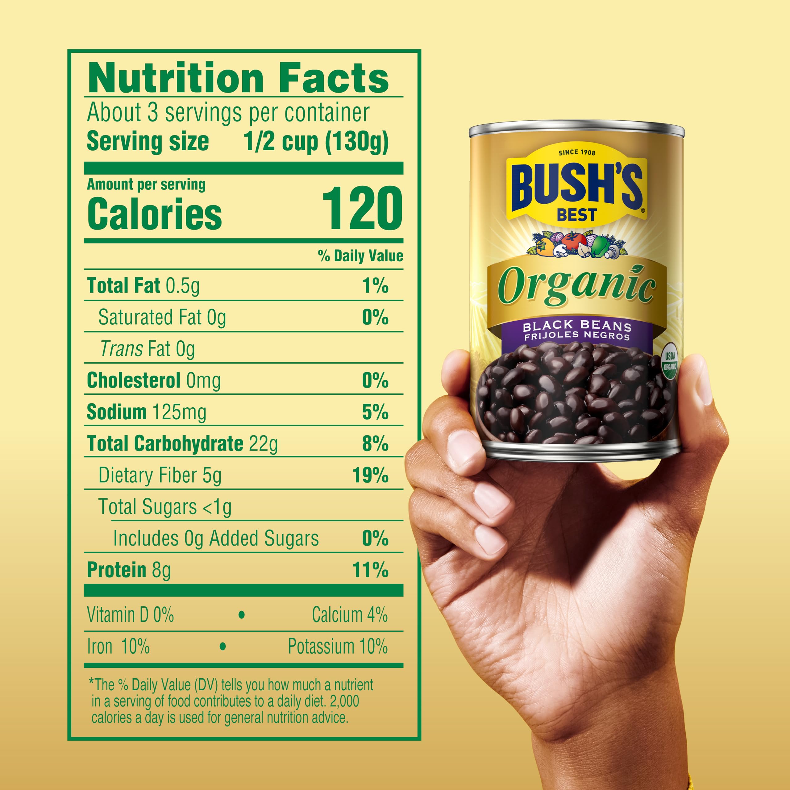 Bush's Best Organic Black Beans closeup texture shows glossy beans for recipe prep.