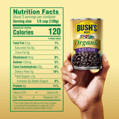 Bush's Best Organic Black Beans closeup texture shows glossy beans for recipe prep.