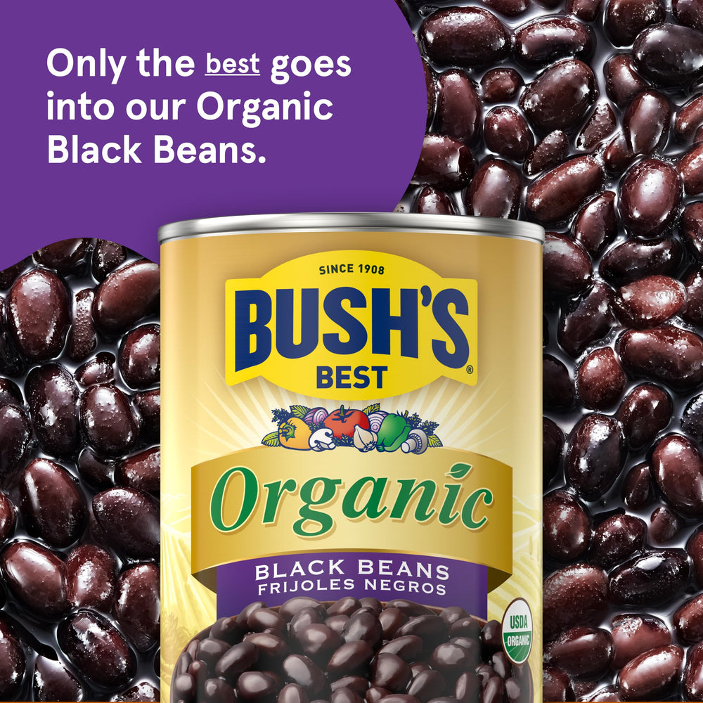 Bush's Best Organic Black Beans in a serving bowl, perfect side dish.