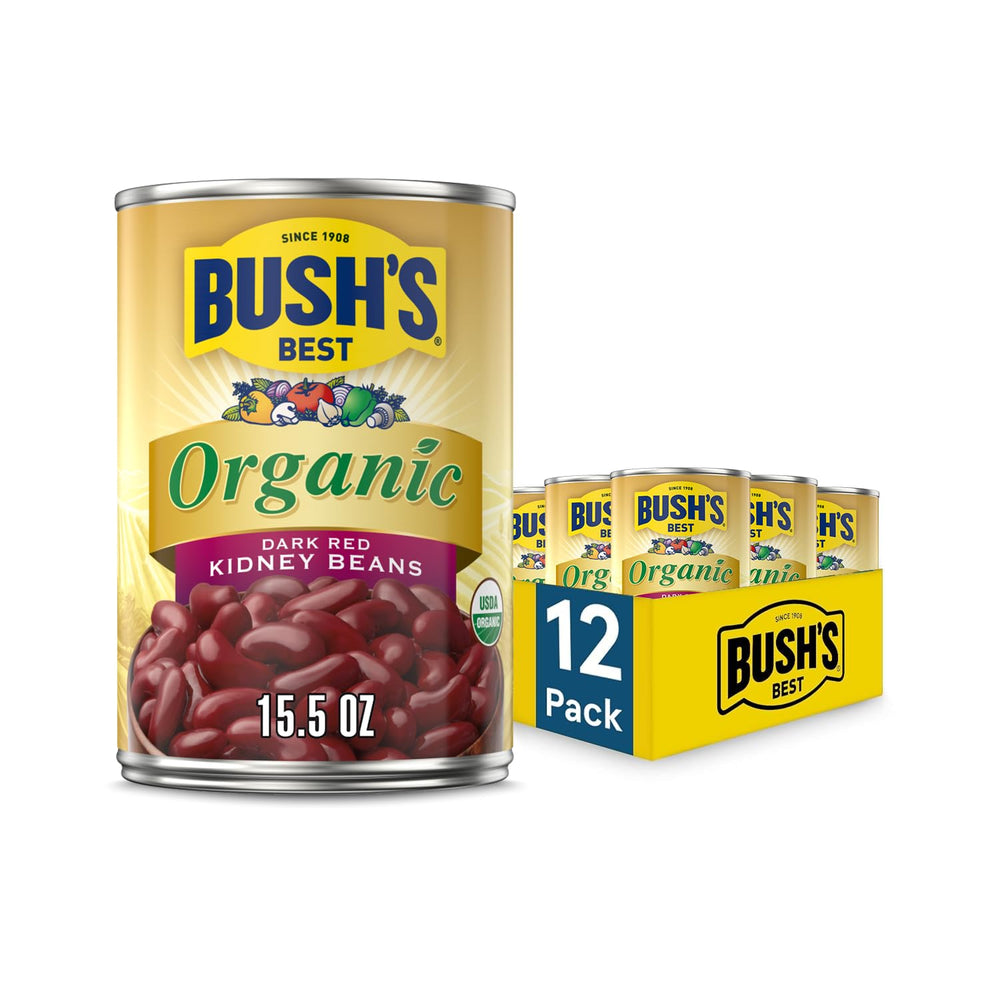 Bush's Best Organic Dark Red Kidney Beans in can ready to enrich chili, rice, or salads with protein