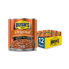 Bush's Best Original Baked Beans can with label, a protein-rich pantry staple.