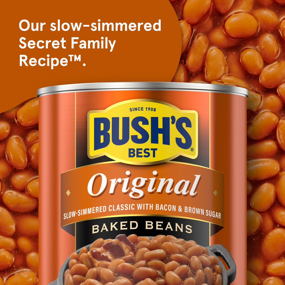 Stack of Bush's Best 16-ounce cans ready for pantry storage.