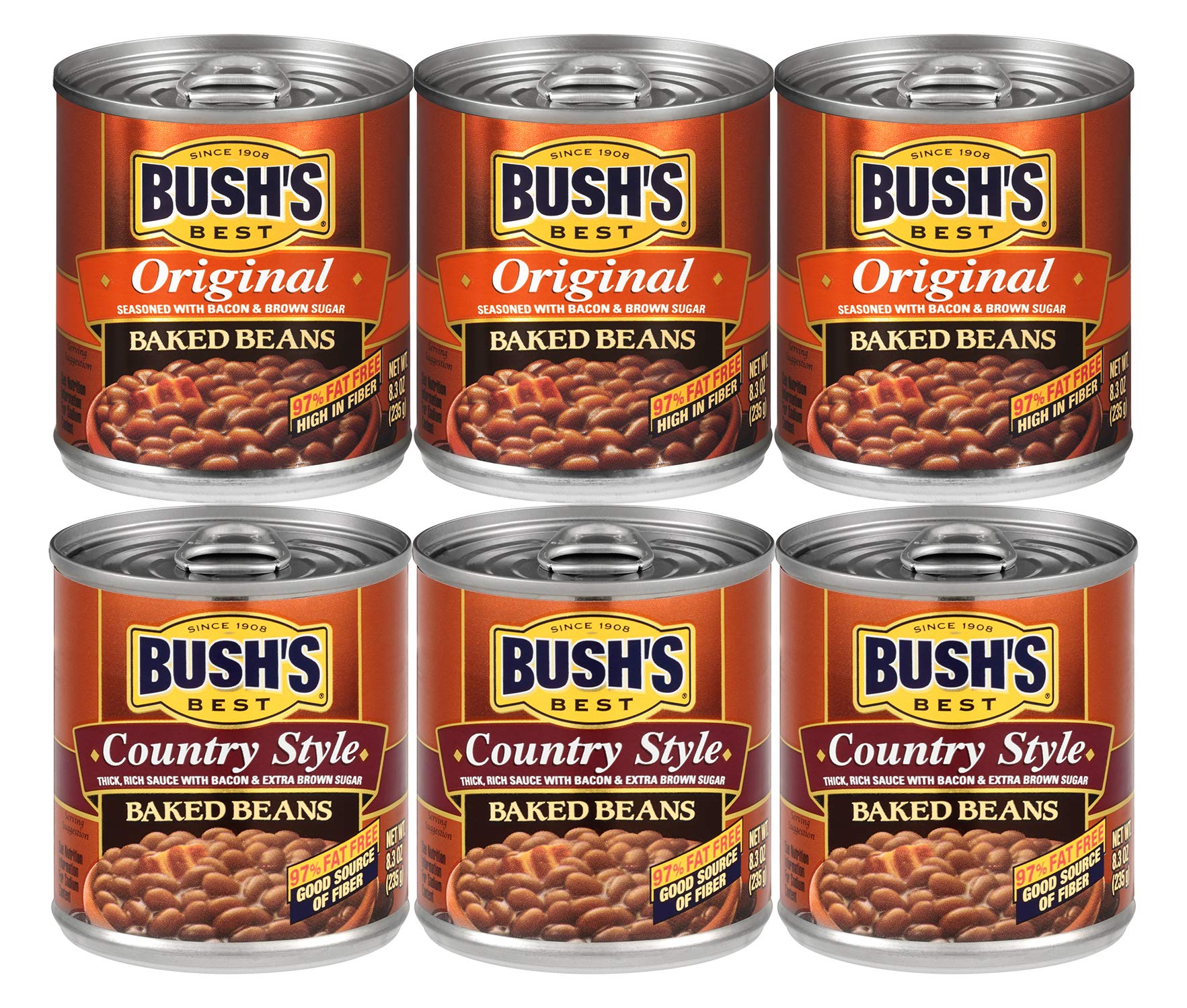 Bush's Best Original Baked Beans can with savory bacon pairing for grilled burgers