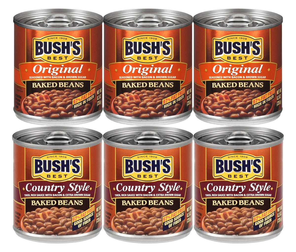 Bush's Best Original Baked Beans can with savory bacon pairing for grilled burgers
