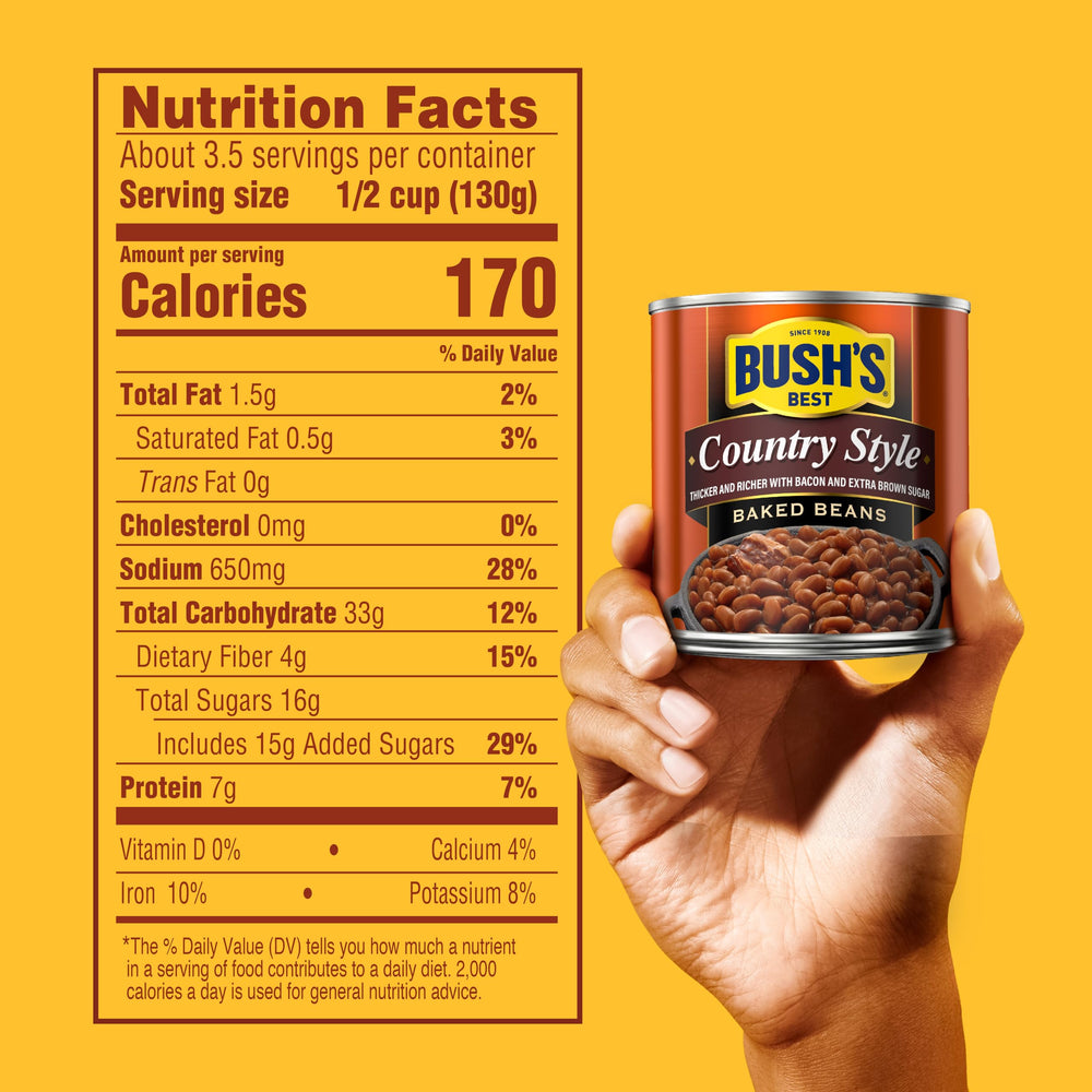 Bush's Best pack 12 country-style baked beans label on box; family-size convenience