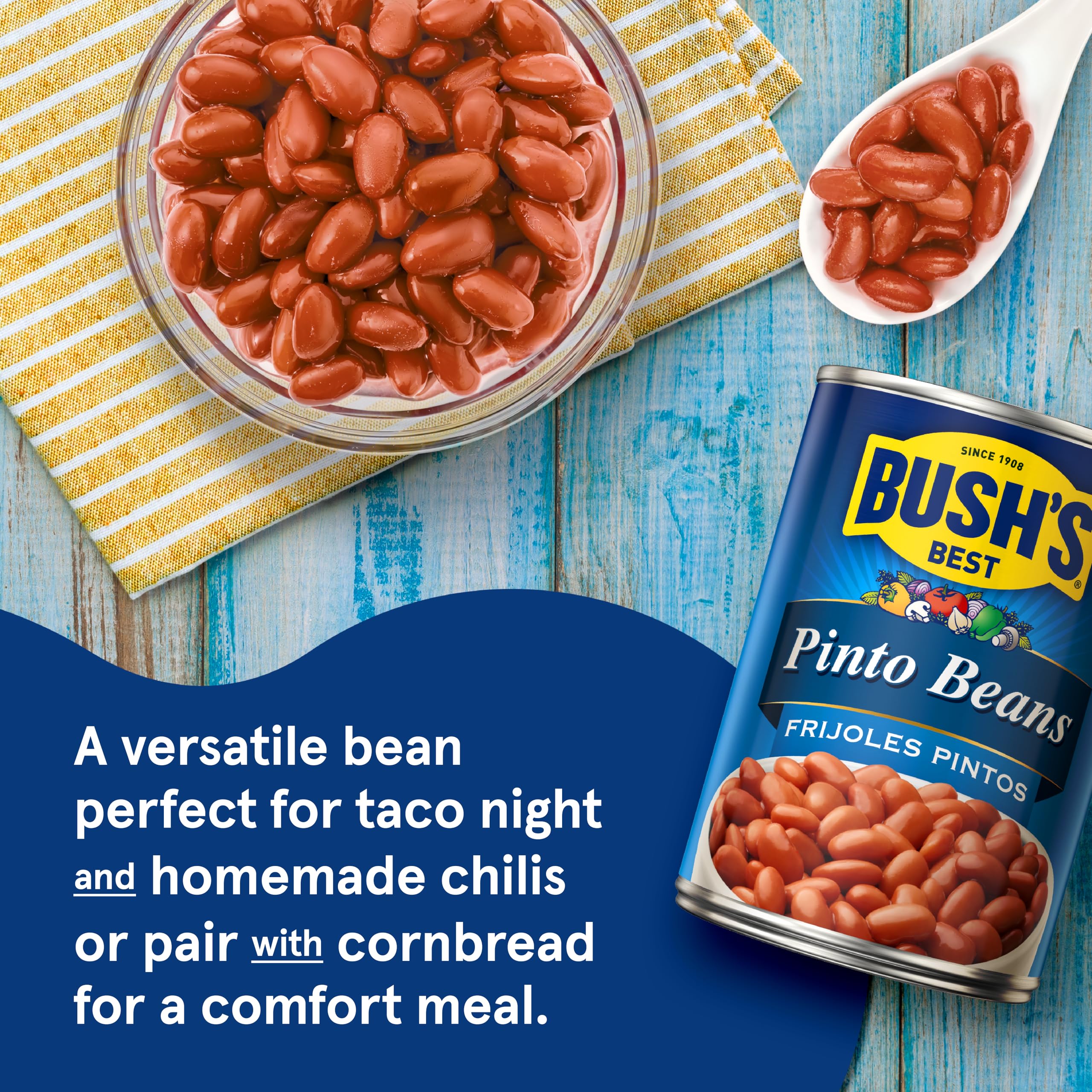 Bush's Best Pinto Beans label close-up; gluten-free pantry staple.