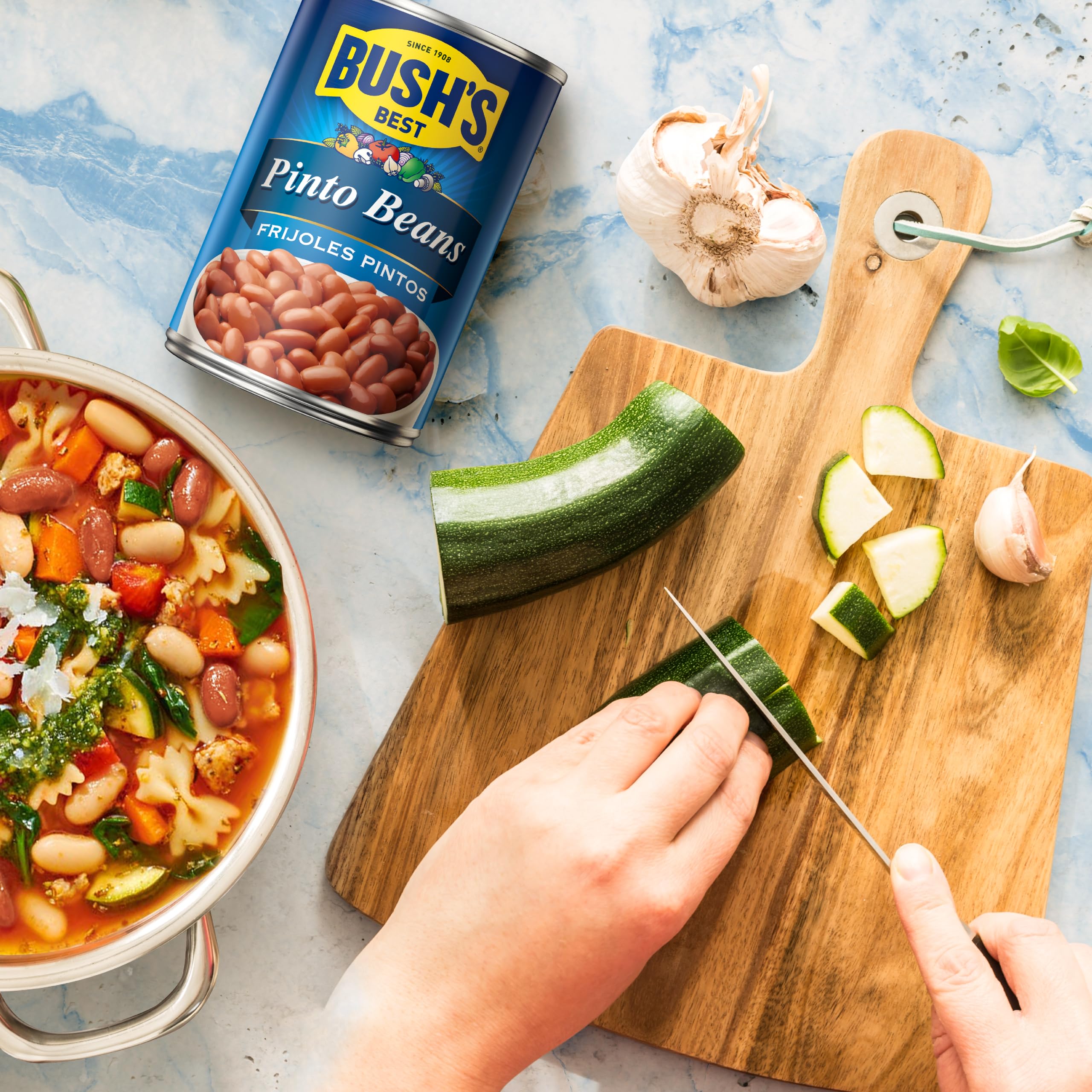 Bush's Best Pinto Beans over rice; plant-based protein option.