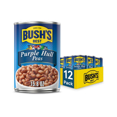 Bush's Best Purple Hull Peas cans in a 12-pack for pantry convenience.