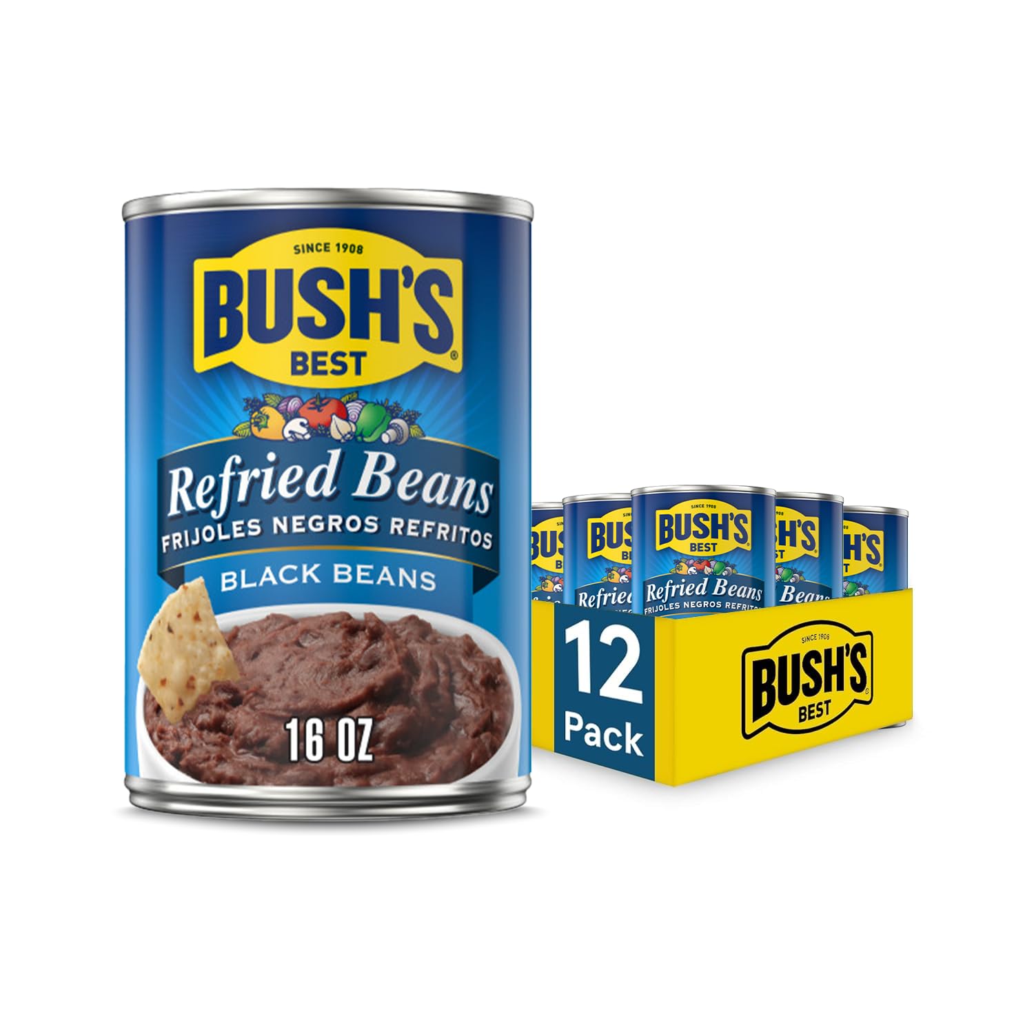 Bush's Best Refried Black Beans can, ready to heat for a quick meal.