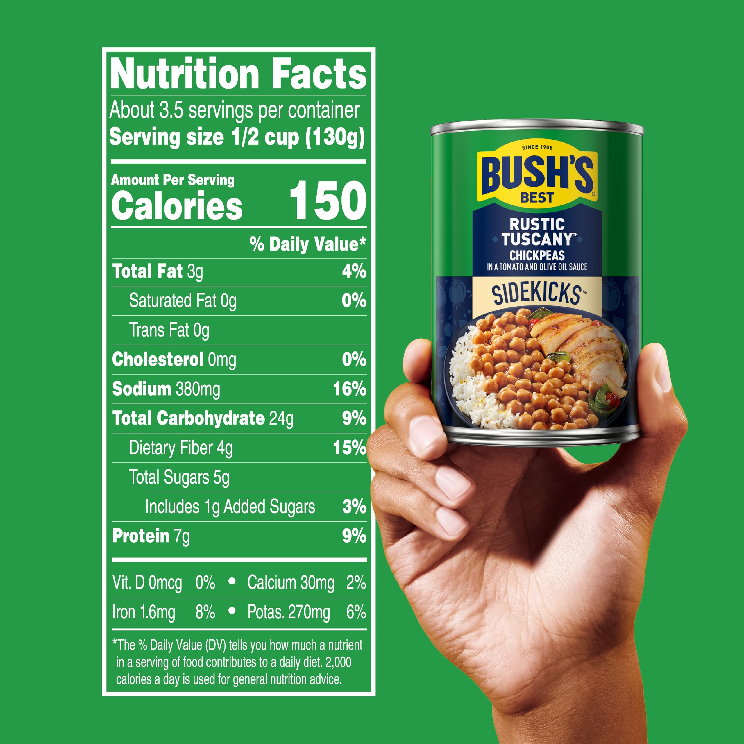 Bush's Best Rustic Tuscany Chickpeas ingredients label, gluten-free option for everyday meals.