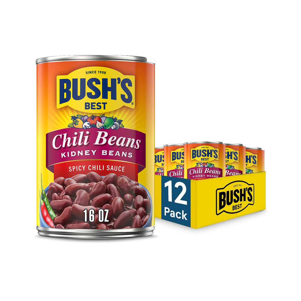 Bush's Best front view of spicy dark red chili beans can, ready-to-use convenience.