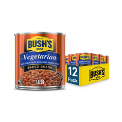 Bush's Best Vegetarian Baked Beans can label highlights plant-based protein and fiber.
