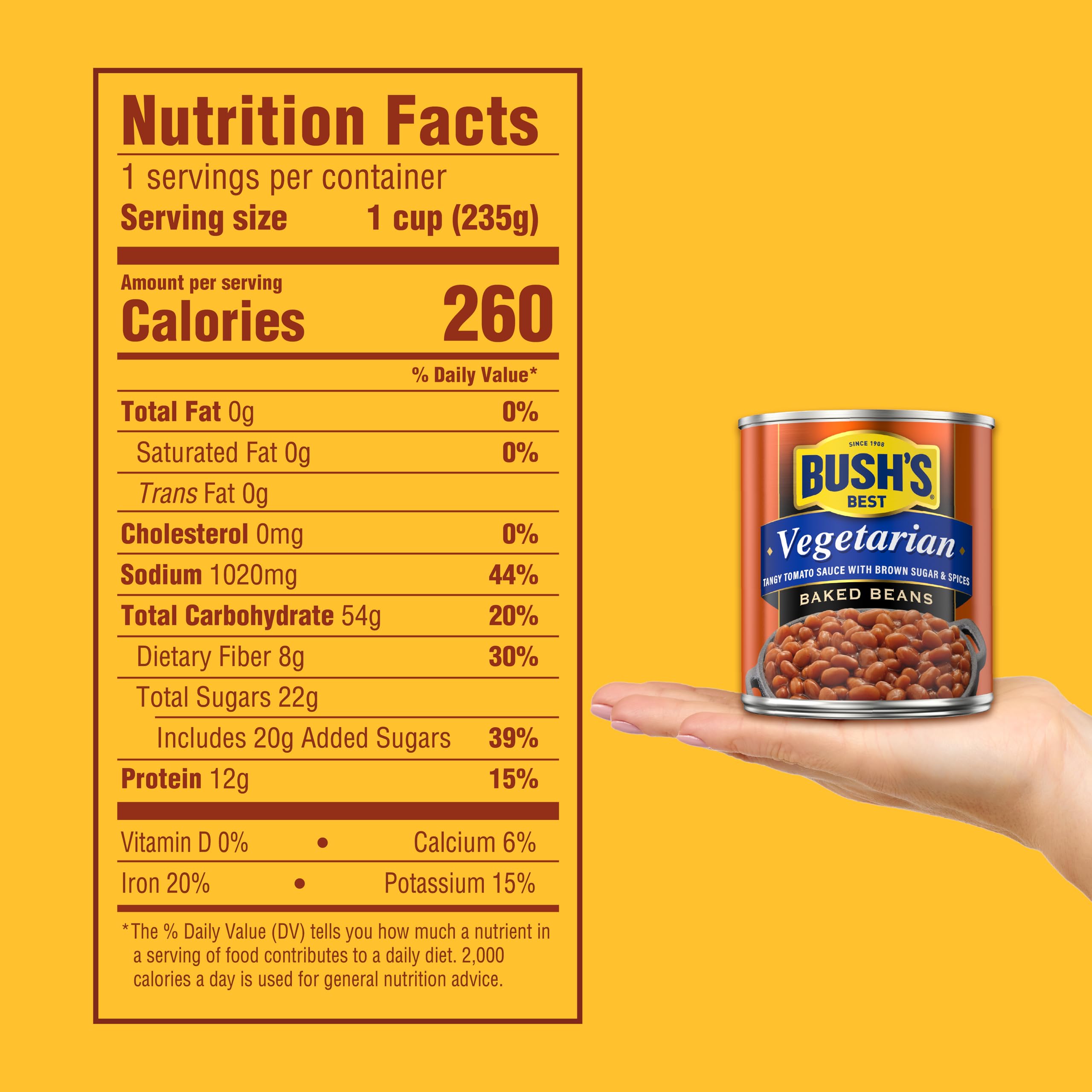 Bush's Best Vegetarian Baked Beans tangy sauce closeup highlights savory flavor and fiber source.
