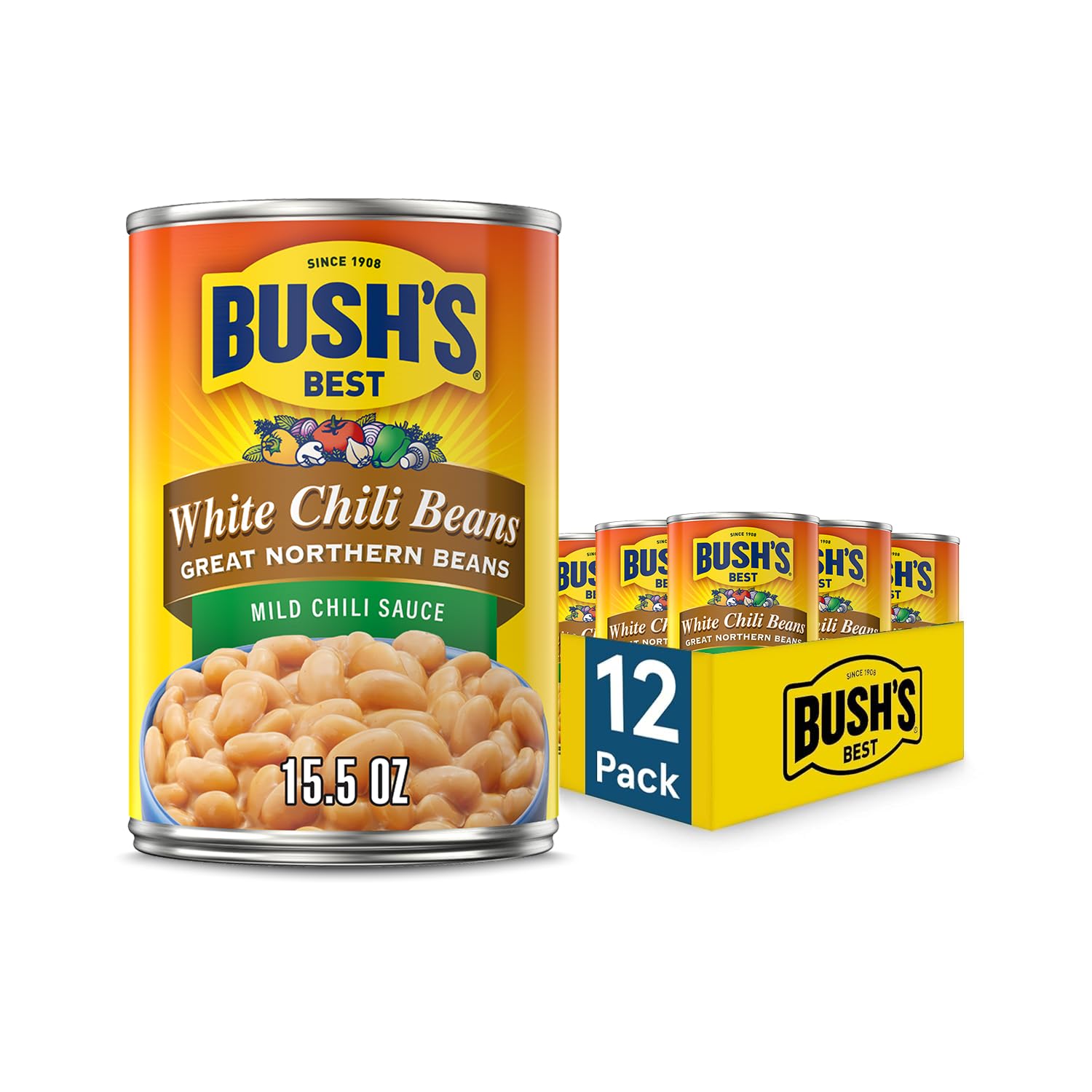 Bush's Best White Chili Beans Mild can label highlights gluten-free, fat-free profile.