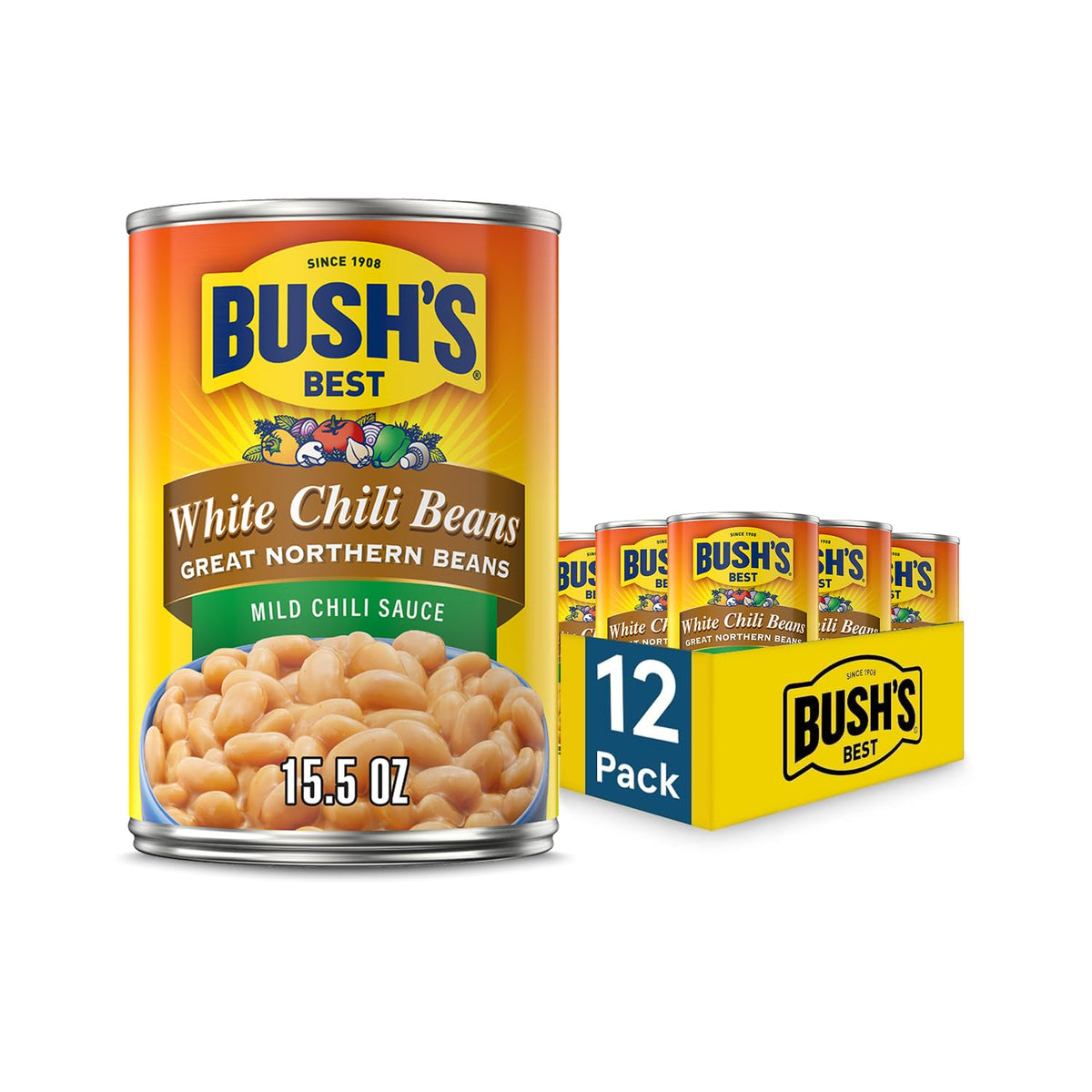 Bush's Best White Chili Beans Mild can label highlights gluten-free, fat-free profile.