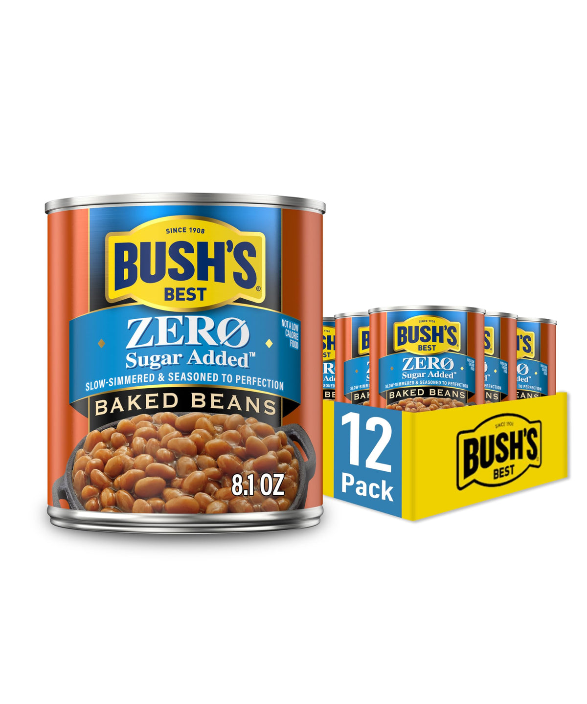 Bush's Best zero sugar added baked beans can close-up, showing rich flavor with no added sugar.