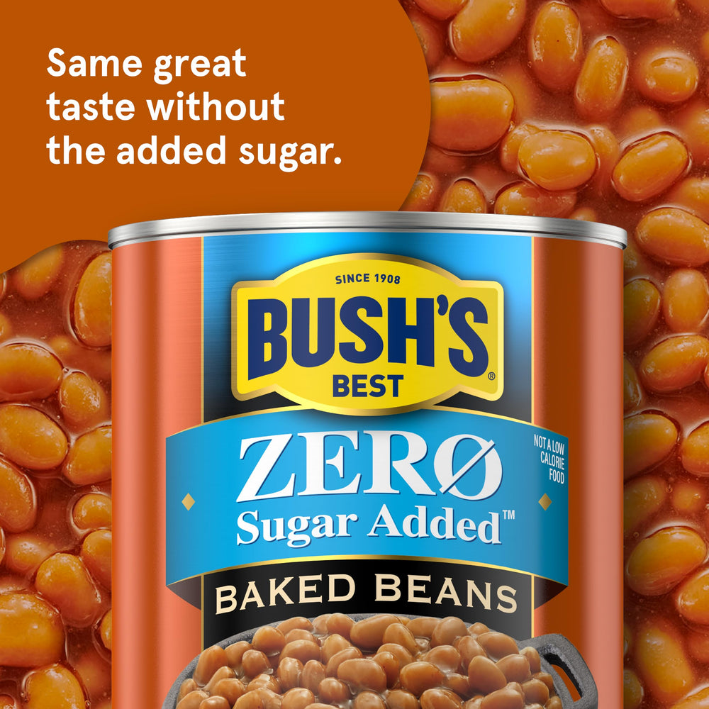Bush's Best Zero Sugar Baked Beans fiber-rich visual ready for meals.