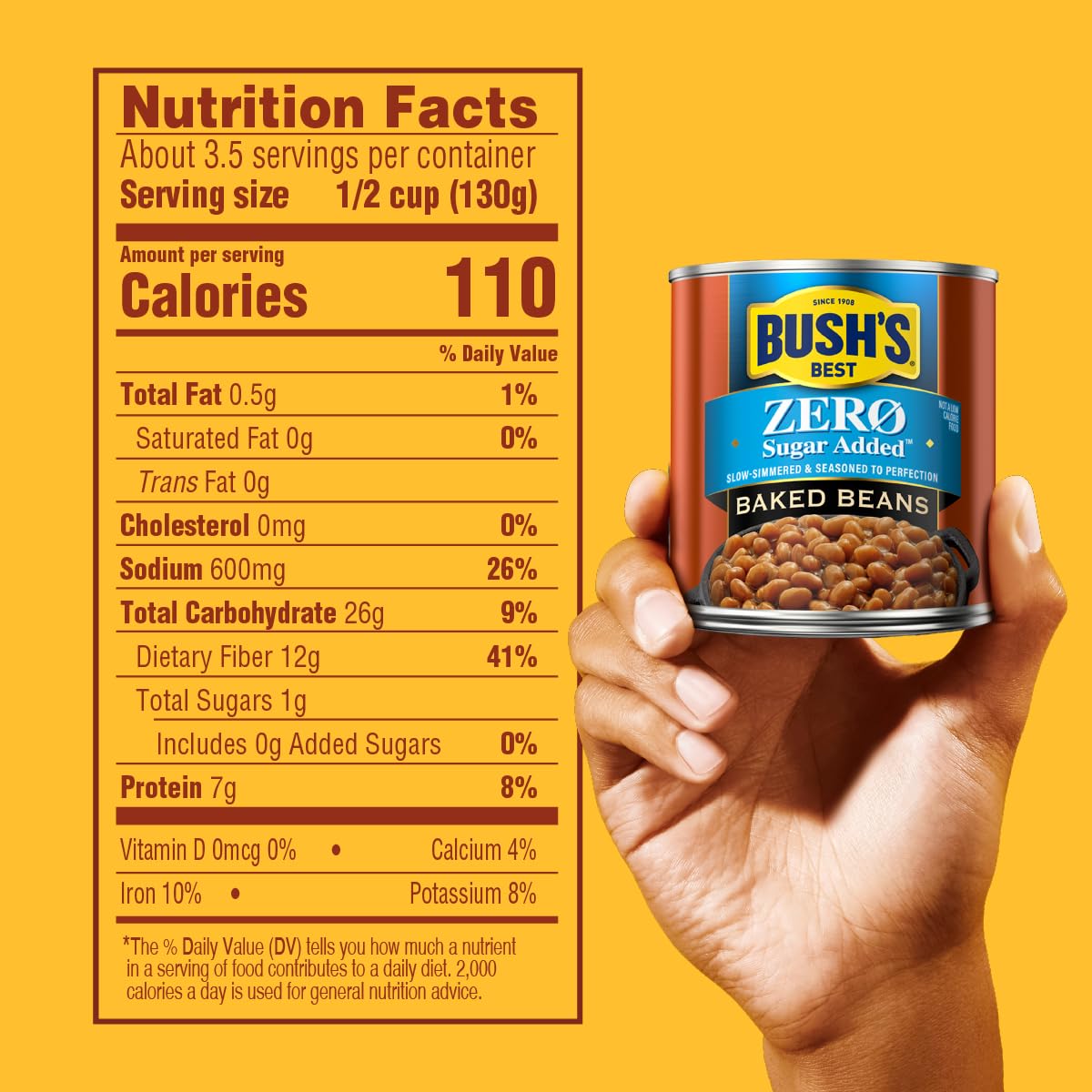 Bush's Best Zero Sugar Baked Beans gluten-free label on a can.