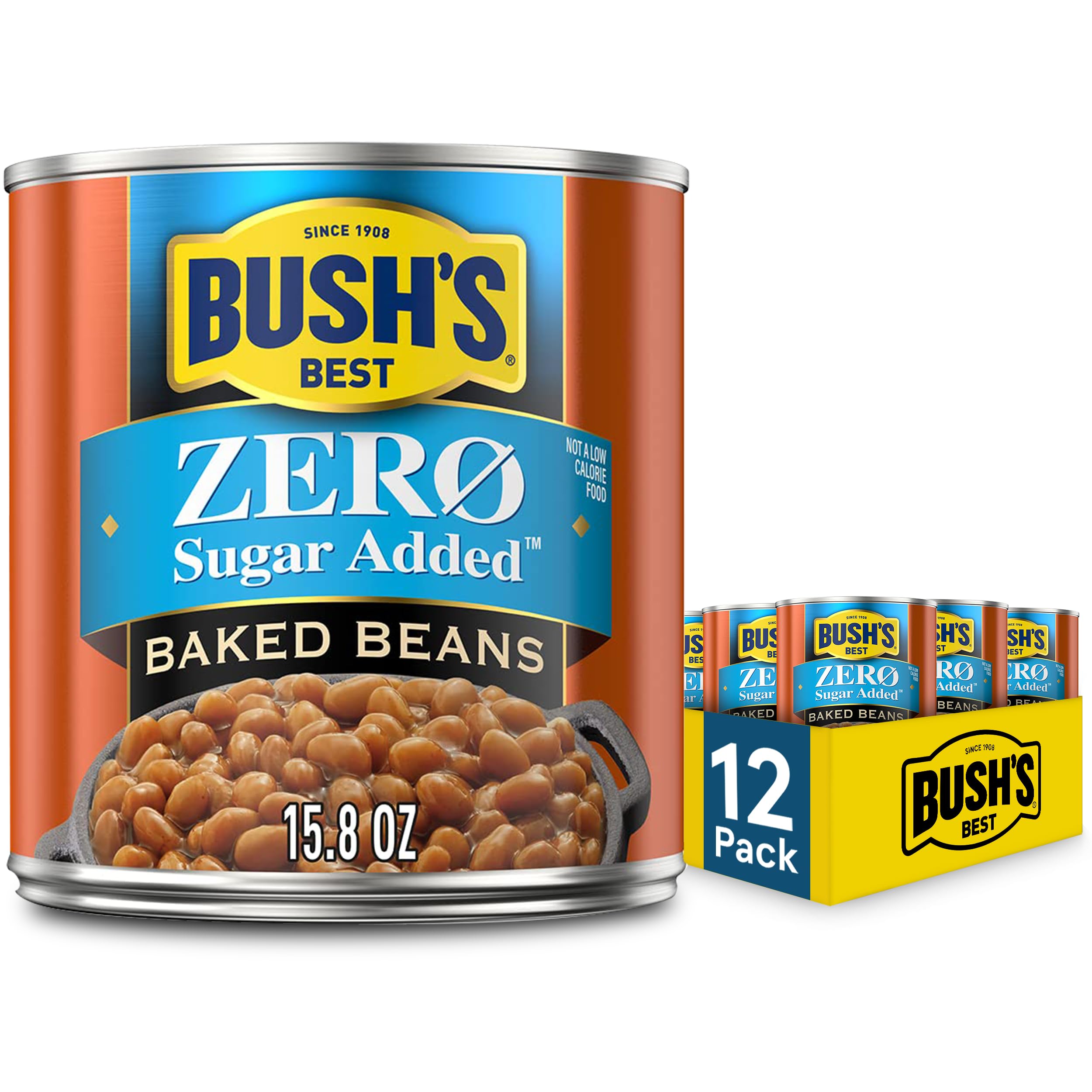 Bush's Best Zero Sugar Baked Beans pack of 12 cans for bulk pantry stocking.