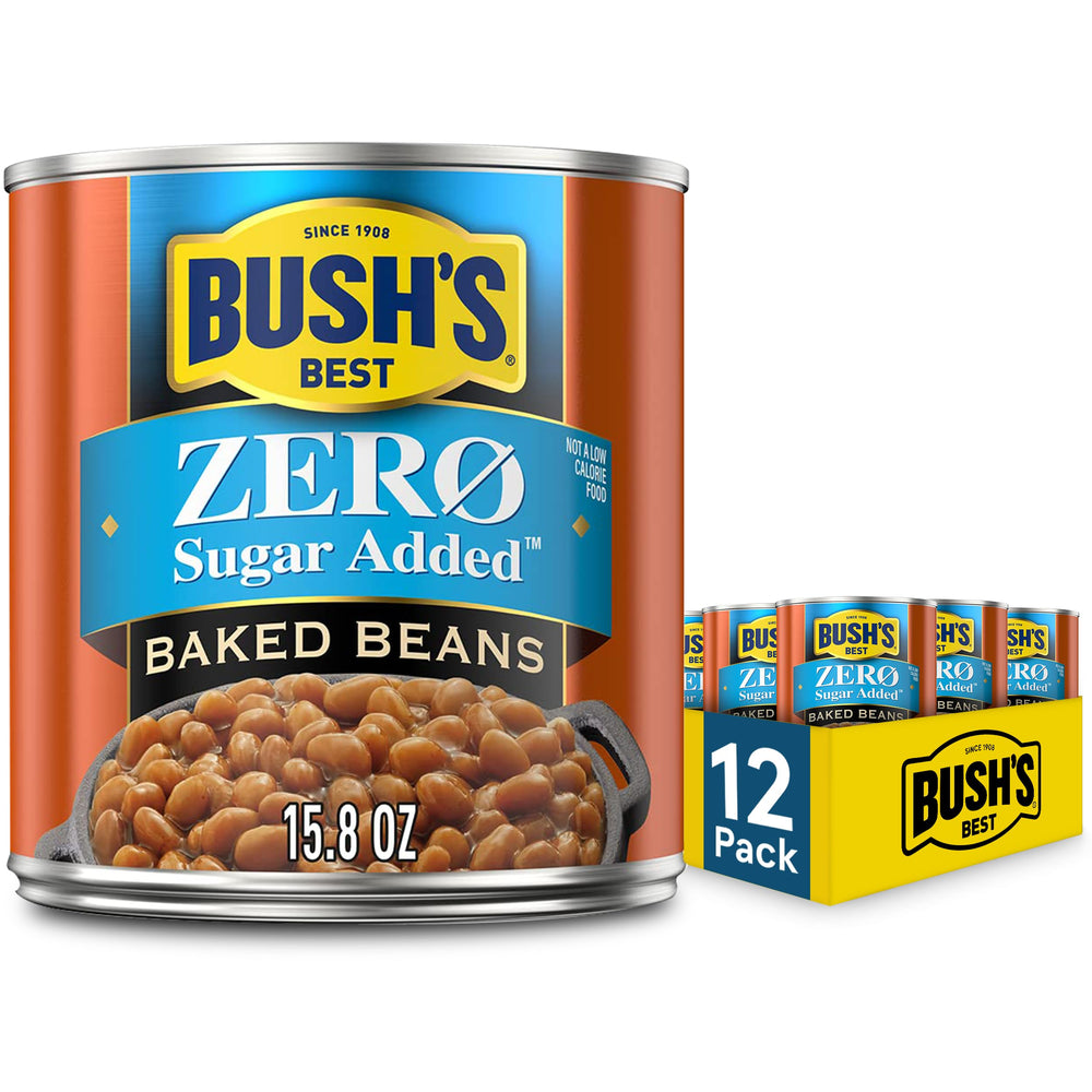 Bush's Best Zero Sugar Baked Beans pack of 12 cans for bulk pantry stocking.