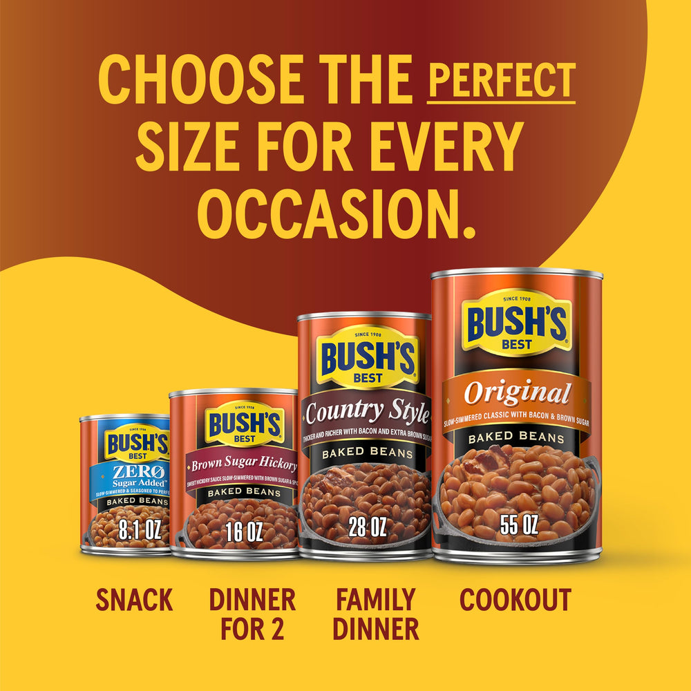 Bush's Best Zero Sugar Baked Beans recyclable can packaging displayed.