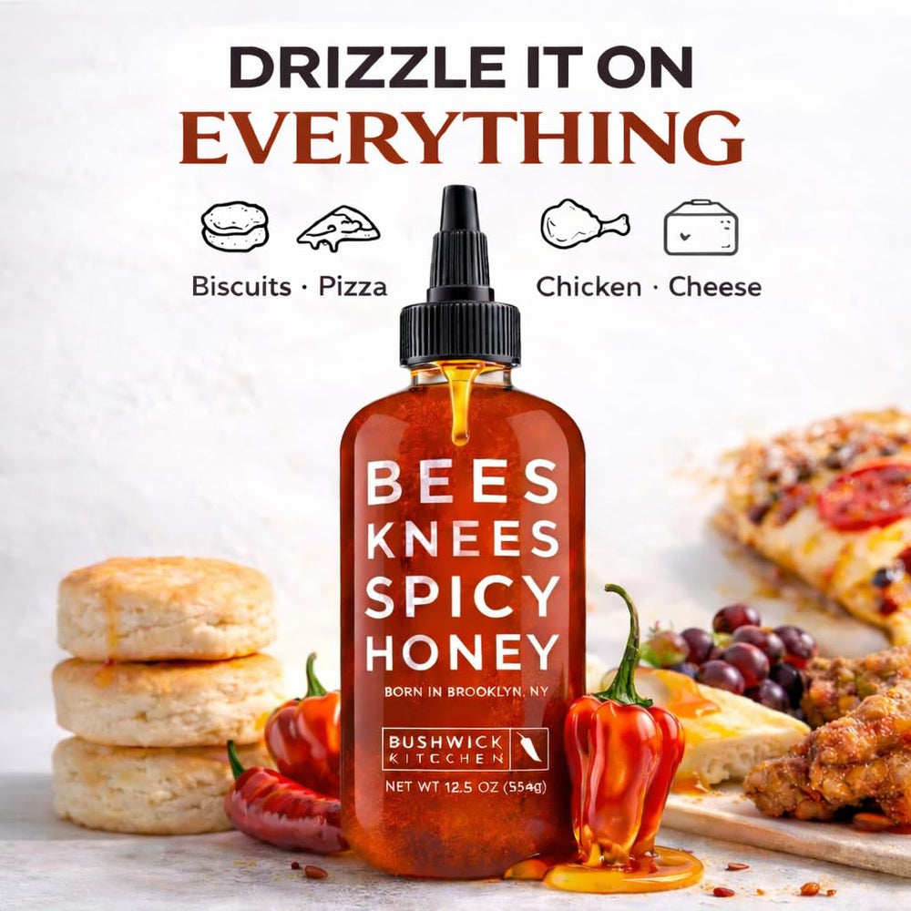 Bushwick Kitchen Bees Knees Spicy Honey bottle in pantry for grilling marinades.