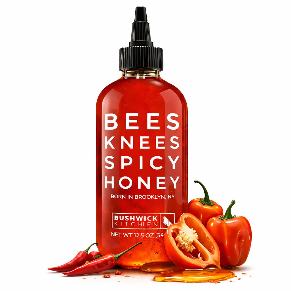 Bushwick Kitchen Bees Knees Spicy Honey bottle pour for wings, heat and sweetness.