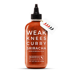 Bushwick Kitchen Weak Knees Curry Sriracha bottle—bold flavor for wings and ramen.