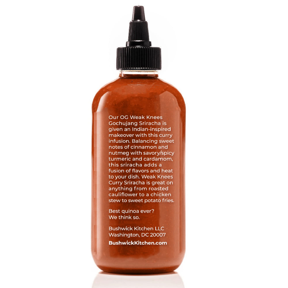 Bushwick Kitchen Weak Knees Curry Sriracha pour-shot—easy drizzle for quick flavor.