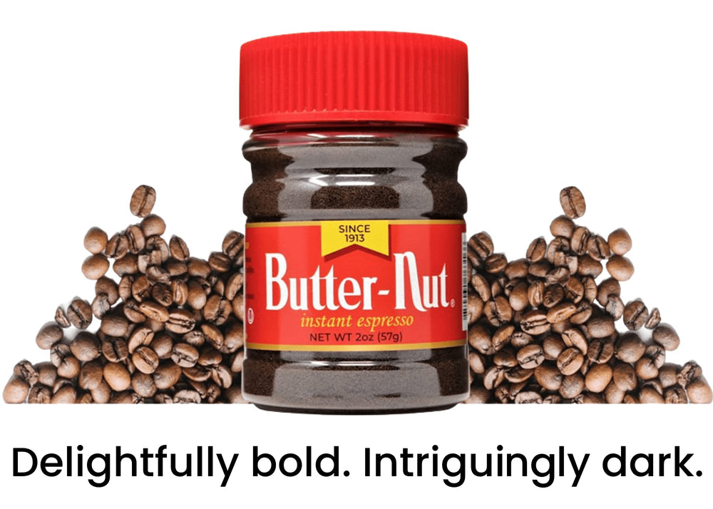 Butter-Nut instant espresso powder in hot water creating crema and quick aroma