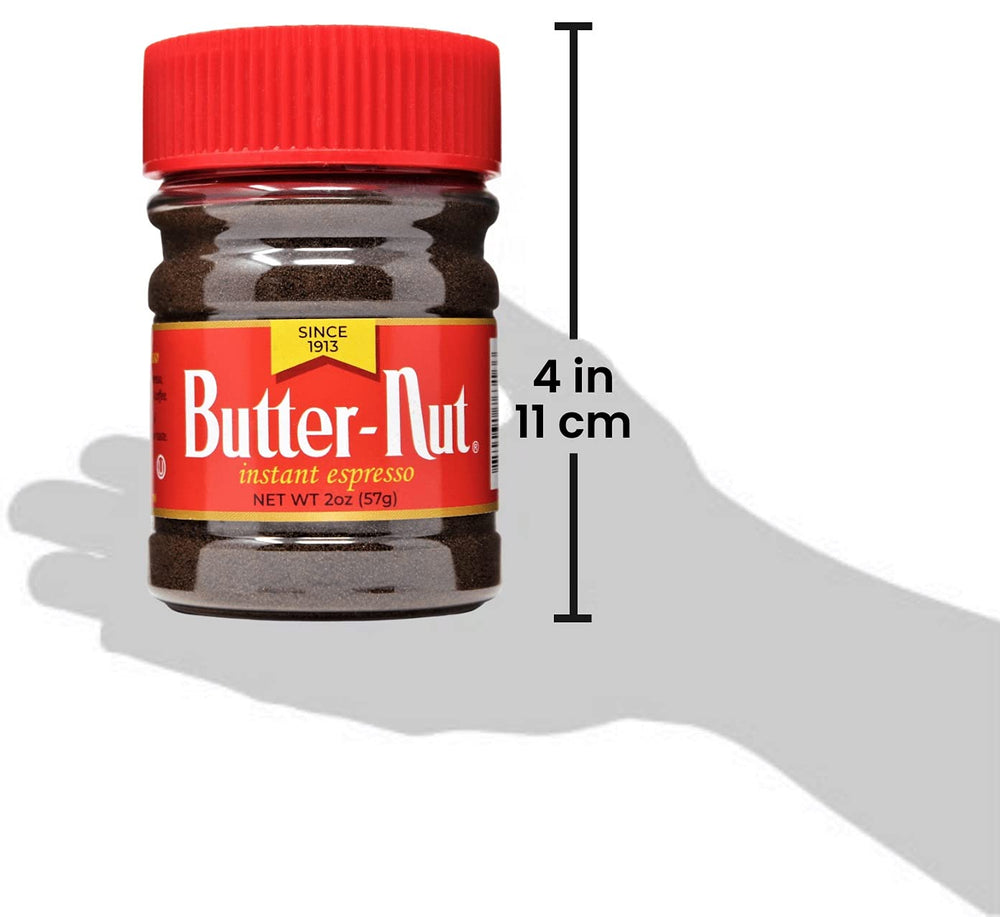 Butter-Nut Instant Espresso powder dissolving in cold milk for easy mixing.