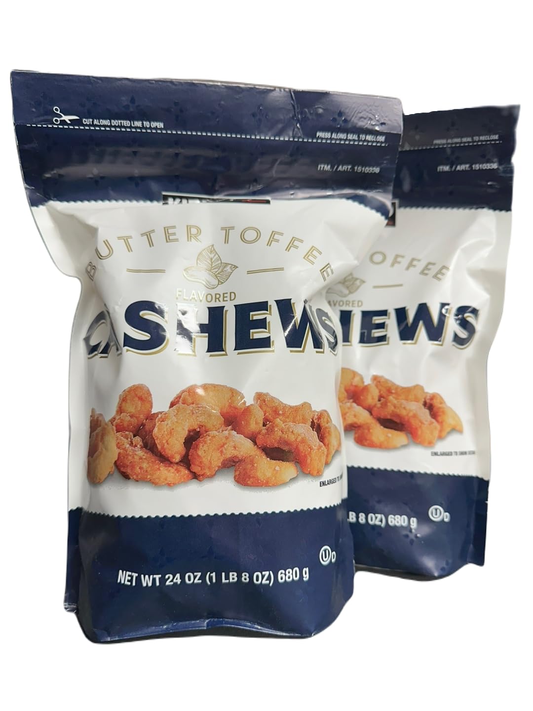 Butter Toffee Flavored Cashews bag front, ideal on-the-go snack.