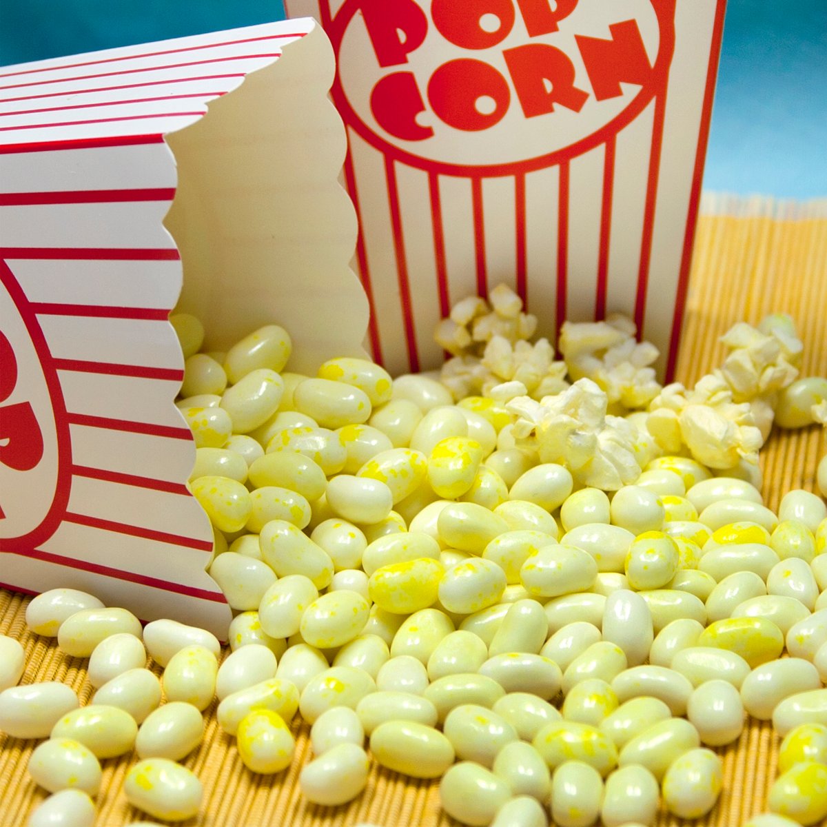 Jelly Belly Buttered Popcorn jelly beans close-up, movie-night treat.