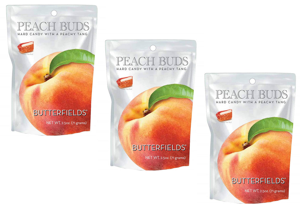 Butterfields Peach Buds close-up showing glossy peach and coconut candy.
