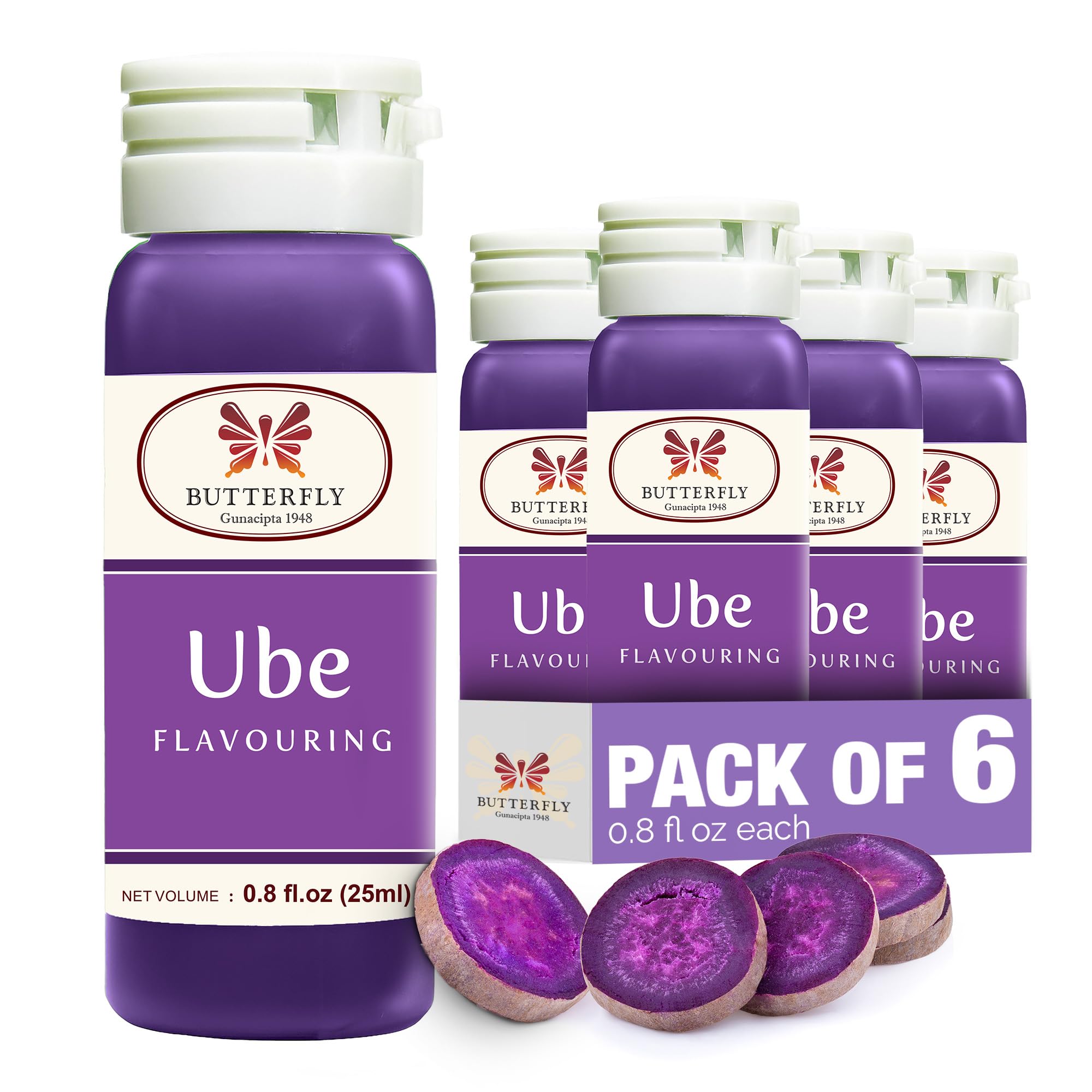 Butterfly Gunacipta 1948 UBE paste packaging ideal for stocking pantries.